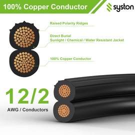 SYSTON 12/2 Low Voltage Landscape Lighting Direct Burial Stranded Wire Cable, 12 Gauge 2 Copper Conductors for Outdoor Spotlight Pathway Lighting and More Low Voltage Applications Use - 50 FT