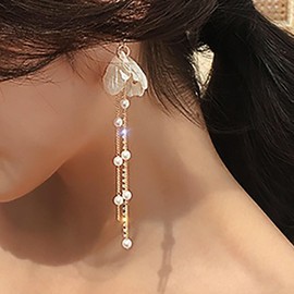 TseenYi Acrylic Flower Stud Earrings Long Pearl Tassel Drop Earrings Peach Blossom Flower Dangle Earring Boho Long Pearl Dangle Earrings Gold Pearl Long Tassel Earrings Jewellery for Women, Acrylic
