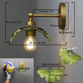 Yosoan Brass Gold Retro Glass Wall Sconce with Green Flower Shade, 1-Light Antique Indoor Vanity Vintage Boho Wall Mounted Hardwired Fixture for Kitchen Bedroom Living Room Bathroom