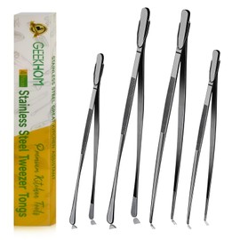 GEEKHOM Tweezer Tongs for Cooking, [4 Pack] 12 “+10” Long Tweezers Stainless Steel Kitchen Chefs Professional Tweezers for Food Frying, Barbecue, Roasting, Steak, Salad, BBQ, Dessert, Black
