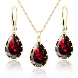 Linawe Ruby Crystal Jewellery Sets, Gold Earring Necklace Set Women Trendy, Imitation Diamond Pendant Rhinestone Drop Dangle Boho Wedding Jewellery, Rhinestone Cubic Zirconia Teardrop