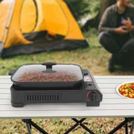 Gas Stove With Grill Pan And Lid,2.1kw Portable Gas Stove,160 G/0.35 Lbs/H,Modern Stainless Steel Butane Gas Camping Stove With Piezoelectric Ignition For Cooking,Backyard,Camping,Rv (Black)