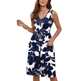 MOLERANI Women Summer Dresses Sleeveless Casual Loose Swing Button Down Midi Dress with Pockets,White Navy Flower,M
