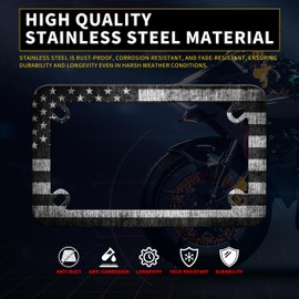 Motorcycle Vintage Black White American Flag License Plate Frame Patriotic Stainless Steel Material Funny Motorbike License Plate Holder Rust Proof Weather Proof Motorcycle Accessories 7" X 4" Inch