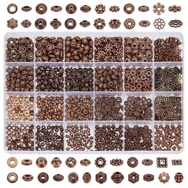 PH PandaHall 1200pcs 24 Styles Metal Spacer Beads Red Copper Spacer Beads, Tibetan Flat Alloy Bead Spacers Antique Loose Beads Craft Beads for Bracelet Necklace Earring Jewelry Supplies