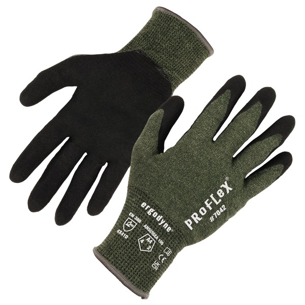 Ergodyne ProFlex 7042 Cut Resistant Work Gloves, ANSI A4, Contact Heat Resistant, Sandy Nitrile Coated Palms, 18g Aramid , Green
