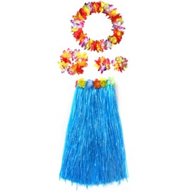 Adults Hawaiian Hula Grass Skirts Dance Wears Set(Blue Full Lei, 5pcs/ Set)
