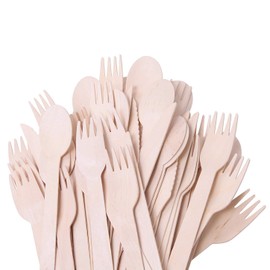 iPobie 100 Pieces Disposable Cutlery Set, Wooden Cutlery Set, 100% Biodegradable Wooden Cutlery, Disposable Tableware Set, Disposable Wooden Cutlery for Barbecue, Wedding, Picnic, Party, Office
