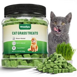Whiskopia 4.23oz Cat Grass Treats for Indoor Cats Freeze-Dried Cat Grass Pellets for Hairball Control, Gut Health & Dental Care Natural Chicken & Egg Yolk Kitten Crunchy Training Snacks