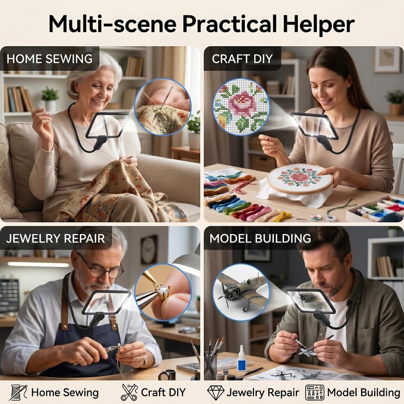 Neck Wear Magnifying Glass with Light, Hands Free Rechargeable LED