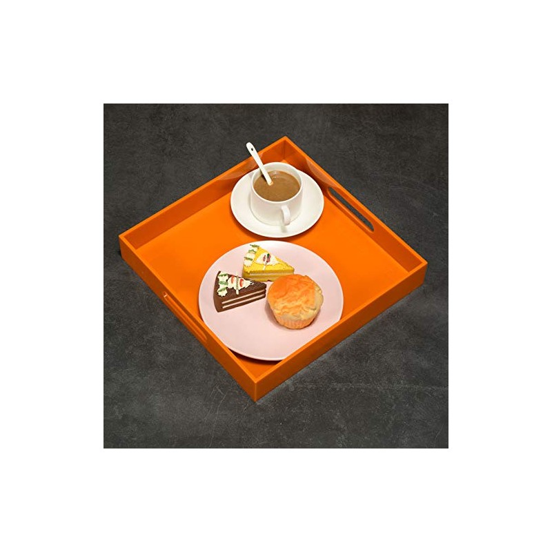 KEVLANG Orange Sturdy Acrylic Serving Tray with Handles-12x12Inch-Serving Coffee,Food,Breakfast,Butler-Kitchen Countertop