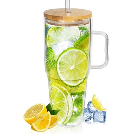 ONEHAUS 40 oz Glass Tumbler with Handle, Glass Cups with Lids and Straws, Bamboo Wide Mouth Fits in Car Holder Reusable Iced Coffee Cup Bottle Drinkware - Color: Flower pattern