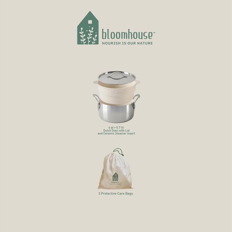 Bloomhouse 6-QT Triply Stainless Steel Dutch Oven w/Non-Stick Non-Toxic Ceramic