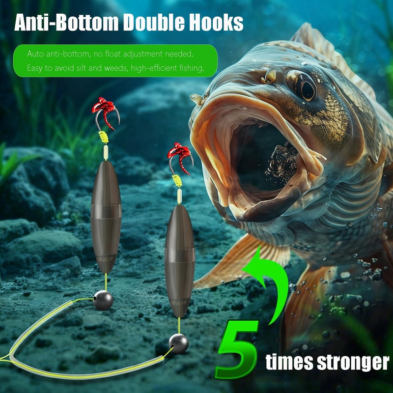 AMHDV Anti-Bottom Double Hooks, Pre Tied Fishing Hook with Floats