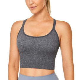 CRZ YOGA Womens Longline Seamless Ribbed Sports Bra - Padded Racerback Sports Bra Yoga Crop Tank Tops Dark Green Large