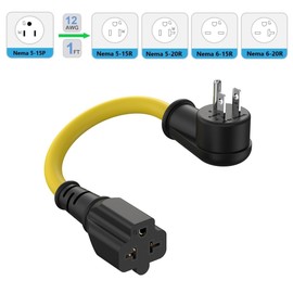 [2PACK] Right-Angle 15 Amp Household Plug to 20 Amp Adapter Cable 12AWG,Nema 5-15P to 5-20R,5-15P to 6-15R/20R T-Blade 20A to 15A 90-Degree Plug Adapter,125V 15A to 250V 20A Extension Cord,1FT
