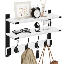 Homode Two-Tier Coat Rack with Shelf, 17 Inch Wood Coat Hanger Wall Mount, Entryway Wall Shelf with Heavy Duty Key Hooks, Hanging Storage Shelves for Display Books Plants Photos, White