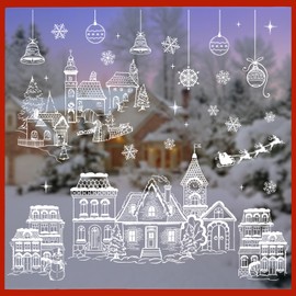 Mfault Grey Christmas White House Window Clings 4 Sheets, Gray Xmas Town Street Scene Stickers Decals Decorations, Winter Holiday Snowflake Home Kitchen Decor