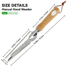 2 Pack Garden Weeding Tool, Stainless Steel Hand Weeder & Garden Trowel with Serrated Edge and Depth Measurement Marks, Wooden Handle Gardening Tool for Digging, Planting, Transplanting & Weed Removal
