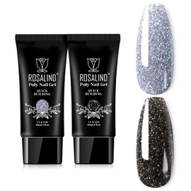 Glitter Black&Silver Extension Gel, ROSALIND 2 PCS 30ml Glitter Black Silver Poly Nail Gel kit Diamond Nail Builder for Nail Art Decoration, Nail Thickening Poly Nail Gel Tube Easy to DIY Use Need UV Lamp