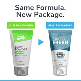 Super Fresh Body Powder Lotion by SweatBlock, Talc Free, Anti-Chafing, Deodorizing - No Mess Body Powder for Men and Women, 4 fl oz - 2 Pack