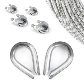 Set 10m Steel Wire Rope galvanised 3mm Strand: 6x7 + 4 Clips + 2 thimbles - Many Sizes Avaliable