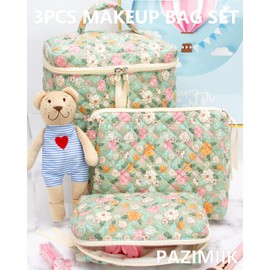 PAZIMIIK 3PCS Makeup Bag SET Large Travel Quilted Zipper Soft Cosmetic Case Pouch for Women Girls Make Up,Green Flower