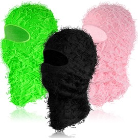 Newcotte 3 Pcs Distressed Balaclava Full Face Ski Mask Cool Knitted Balaclava Windproof Ski Mask for Men Women Cold Weather (Black, Green, Pink)