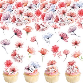 40 Pack Edible Flower Cupcake Toppers Spring Bridal Engagement Baby Shower Birthday Party Cupcake Picks Anniversary Party Decorations Supplies Pink (transparent)