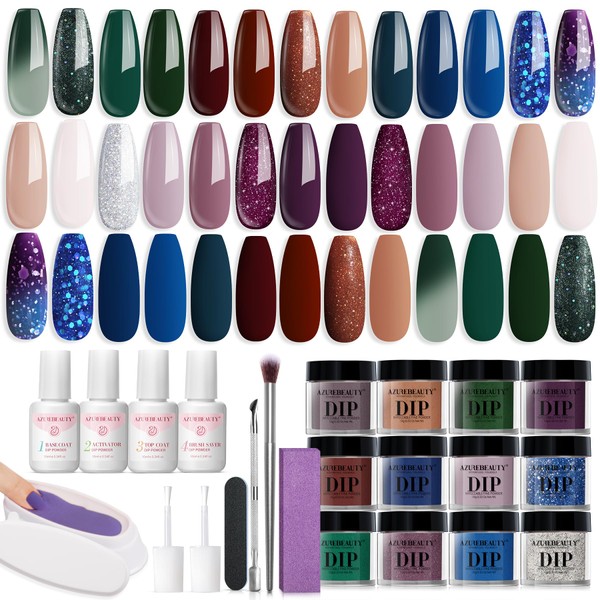 31Pcs Dip Nails Powder Starter Kit, AZUREBEAUTY 20 Colors Purple Blue Glitter Dipping Powder Recycling Tray Liquid Set with Base Top Coat Activator for French Nails Art Manicure DIY Home Salon