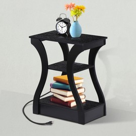 SUPER DEAL Black End Table, 3 Tier Nightstand with Charging Station, Compact Sofa Side Table for Living Room, Bedroom, Small Spaces, 19.6" W x 11.8" D x 23.4" H, 2 USB and 2 Power Outlets