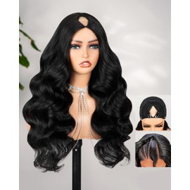 Megalook hair 20 Inch V Part Human Hair Wig 200% High Density Body Wave No Sew In No Glue Clip in U Part Wig for Black Women Beginner Friendly No Leave Out Wig (Natural Color)