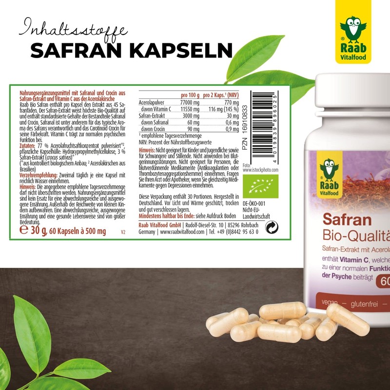 Raab Vitalfood, Organic Saffron 60 Capsules 1x Month Pack 30