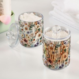 ALAZA 2 Pack Qtip Holder Wild Flower Watercolor, Cotton Swab Dispenser with Lid Bathroom Containers Canister Organizer Storage Jar