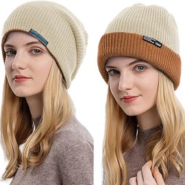 TAGNEFLOR Gorros de Invierno para Mujer,Gorro Invierno,Gorros de Punto para Hombre Mujer Unisex Slouch Cráneo Sombreros, Diseño Clásico Moderno y Suave (Caramelo + Beige)
