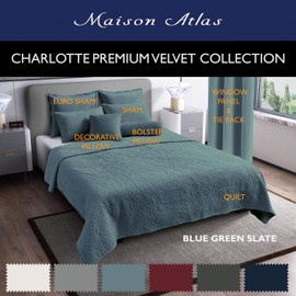 Maison Atlas Velvet Quilt Maxi Set, Seven Pieces Ensemble, Charlotte Premium Heavy Velvet Collection, Cotton Backing, Cotton Batting, Full/Queen, Blue Green Slate