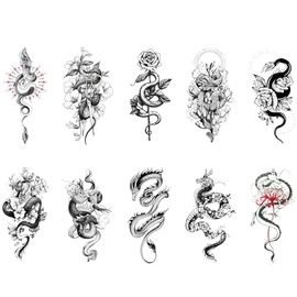10 Sheets Temporary Tattoos For Women Girls Flowers Snake Dragon Temporary Tattoo Men Children Waterproof 3D Body Art Sticker Arm Tattoos Sticker Body Sticker