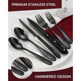 Hammered Black Silverware Set, EUIRIO 48-Piece Flatware Set for 8, Heavy Duty Stainless Steel Cutlery Set, Food-Grade Utensil Sets Includes Spoons Forks and Knives, Mirror Finish Dishwasher Safe