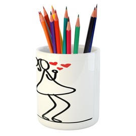 Lunarable Valentine Pencil Pen Holder, Cartoon Style Hand Drawn Romantic Couple with Little Red Hearts Love Theme, Printed Ceramic Pencil Pen Holder for Desk Office Accessory, Red Black White