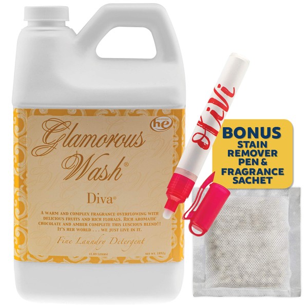Tyler DIVA Glamorous Wash Laundry Detergent- 1/2 Gallon - With Olivi Stain Remover Pen - Fresh Scented Sachet - Laundry Detergent - For Washing Clothes, Linen, Lingerie, Expensive Fabric, Sheets
