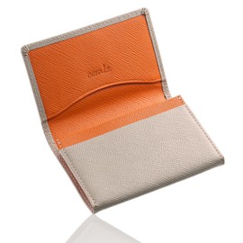 Collare Women's Business Card Holder, Genuine Leather, Bi-Color, Prism Leather, Card Case, Business Card Case, Simple, Stylish, For Women (Greige x Orange), Greige × Orange