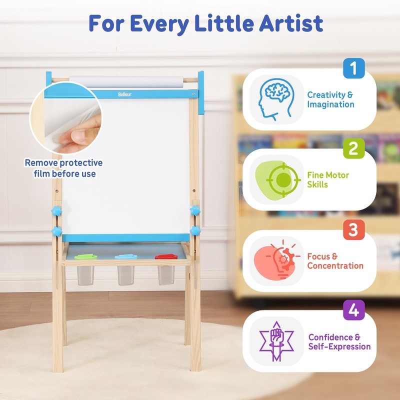 Belleur Wooden Art Easel for Kids 2+, Adjustable Double Sided