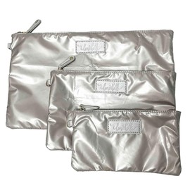 lemonbella Medium Carly Trio Pouch Set 3 Nylon Quilted Metallic Organization Bag with Wristlet - Versatile for Travel, Cosmetics, Tech, and Everyday Essentials, Champagne