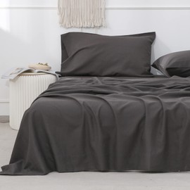 Simple&Opulence Belgian Linen Sheet Set Solid Color - 3 Pieces (1 Flat Sheet, 1 Fitted Sheet & 1 Pillowcase) Natural Flax Cotton Blend Soft Breathable Farmhouse Bedding - Twin Size, Dark Grey