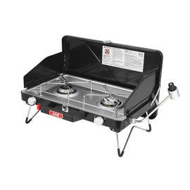Feasto 2 Burner Propane Camping Stove with Folding Legs, Outdoor Portable Camp Stove with Push-Button Ignition & Wind Guards for Camping, Tailgating, BBQ, & More, Black