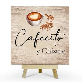 Cafecito y Chisme Coffee Corner Station Desk Decor Wooden Sign, Cafe Gift for Coworker Women Men, Home Office Kitchen Coffee Bar Decor Plaque Table Centerpiece - A40
