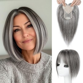 REECHO Human Hair Toppers for Women Real Human Thick Hair Topper Invisible Wiglett for Daily Wear Adding Instant Volume, Dark Gray