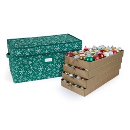 Covermates Keepsakes Adjustable Ornament Storage Box – Heavy-Duty Polyester, Padded Dividers & FlexGrid Trays – Protective Holiday Organizer with Stackable Walls & Label Window, Green Snowflake