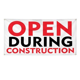 Vinyl Banner Multiple Sizes Open During Construction A Business Outdoor Weatherproof Industrial Yard Signs White 6 Grommets 36x72Inches