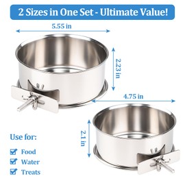2 Pack Stainless Steel Bird Food Bowl Small Bird Feeding Dish Cups for Cage Parrot Food Bowl Cage with Clamp Holder for Parrots, Cockatiels, Small Animals (M+L)